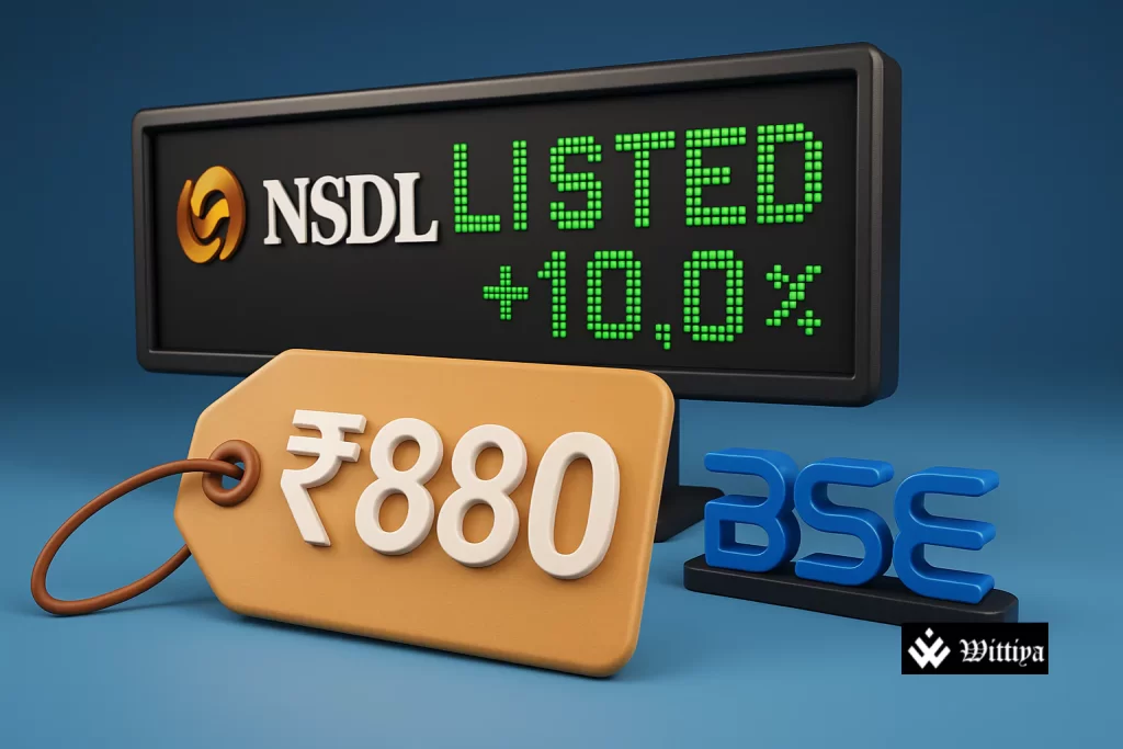 NSDL logo on stock market screen with listing day trading graph