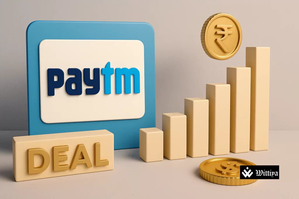 Paytm logo with financial chart depicting a 2.9% equity change through a block deal
