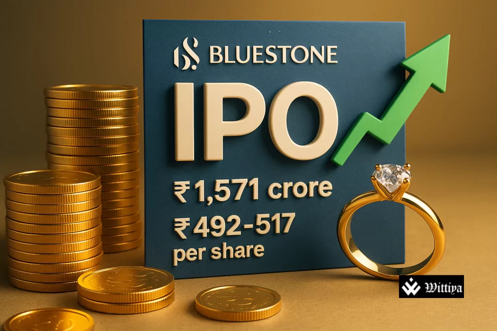 Bluestone logo with IPO graph and jewelry elements representing its ₹7,850 crore public listing