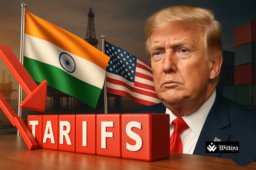Donald Trump with split visuals of India and Pakistan flags symbolizing contrasting US tariff policies