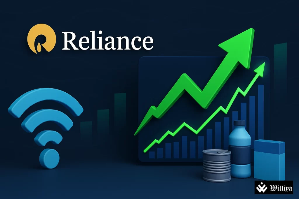 Reliance Industries building with stock chart showing rising share price