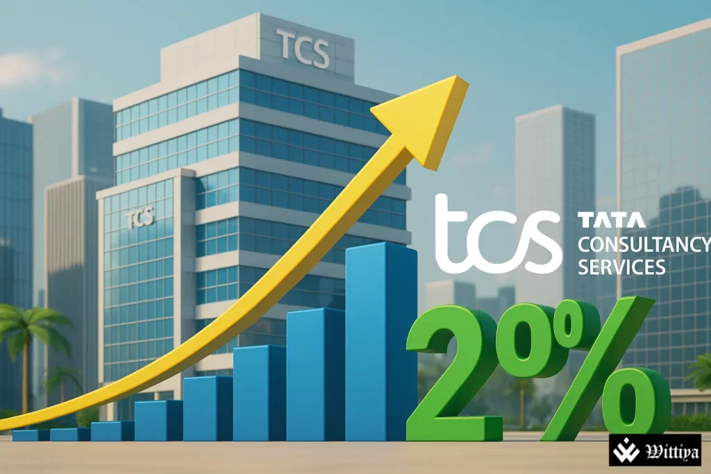 TCS headquarters building with rising stock graph overlay.